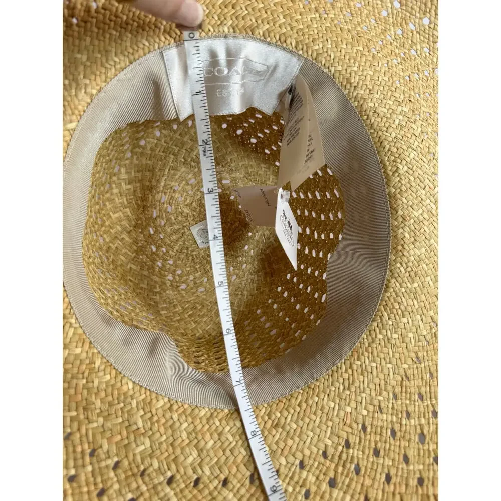 Coach Natural Straw Wide Brim Floppy Sun Hat Yellow Leather Trim One Size NWT - Picture 11 of 11